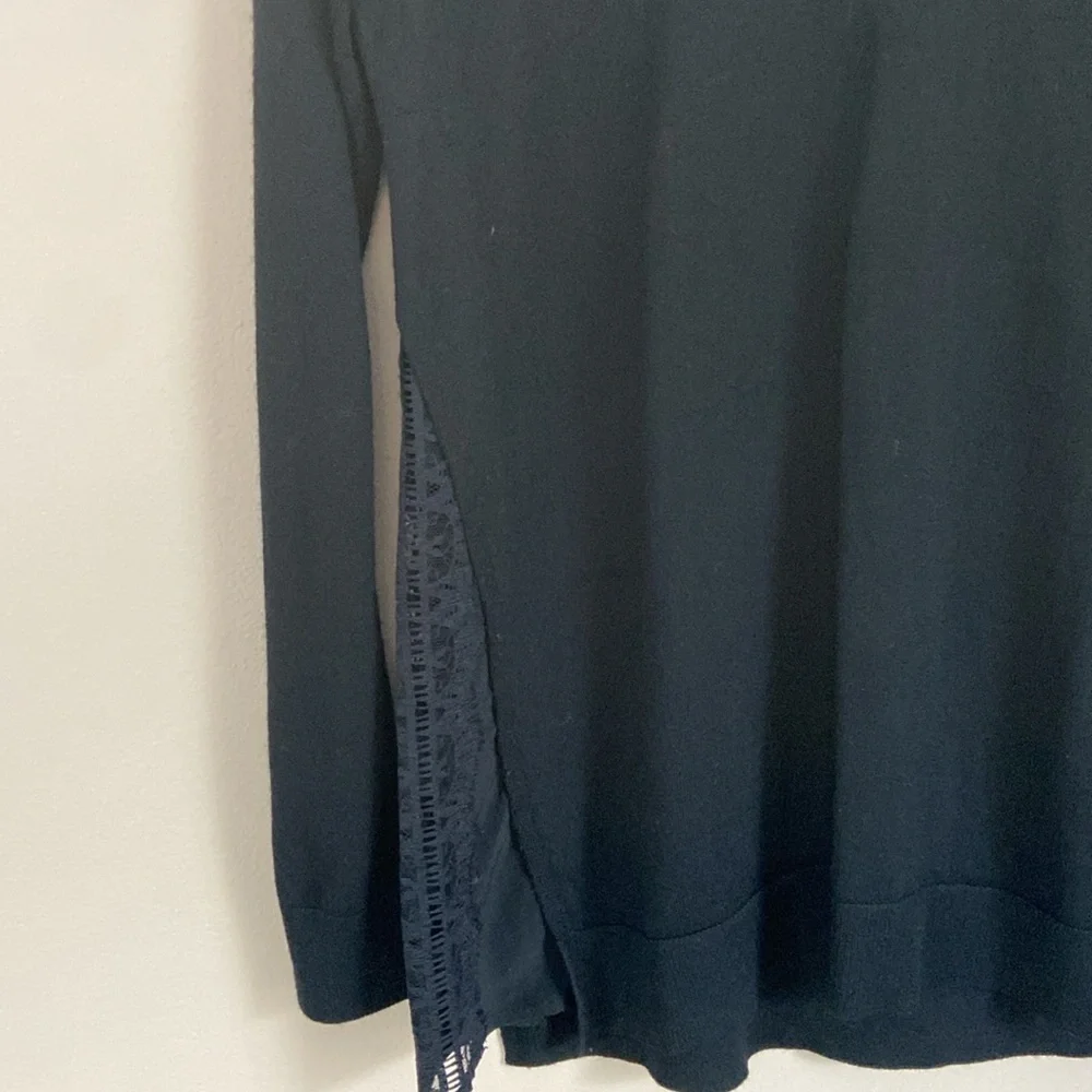 Sandro Paris -Black Merino Wool Knit Sweater with Lace Hem Inserts